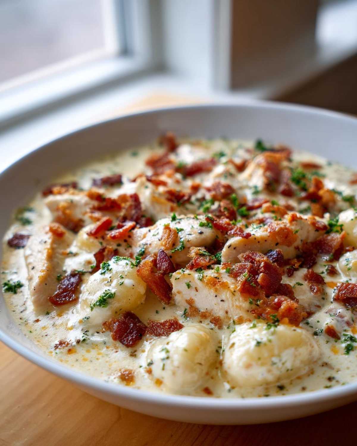 Close-up of creamy crack chicken gnocchi in a white bowl, topped generously with crispy bacon bits and parsley.