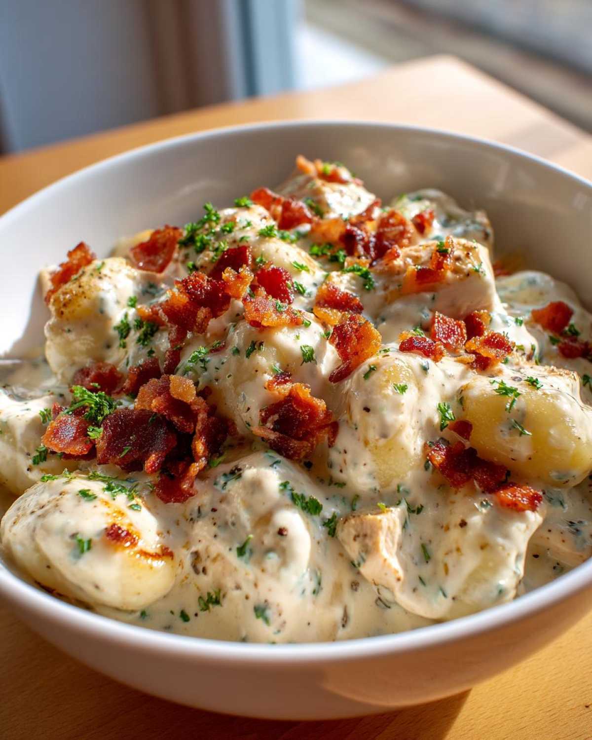 Close-up of a white bowl filled with creamy crack chicken gnocchi, topped generously with crispy bacon bits and fresh parsley.