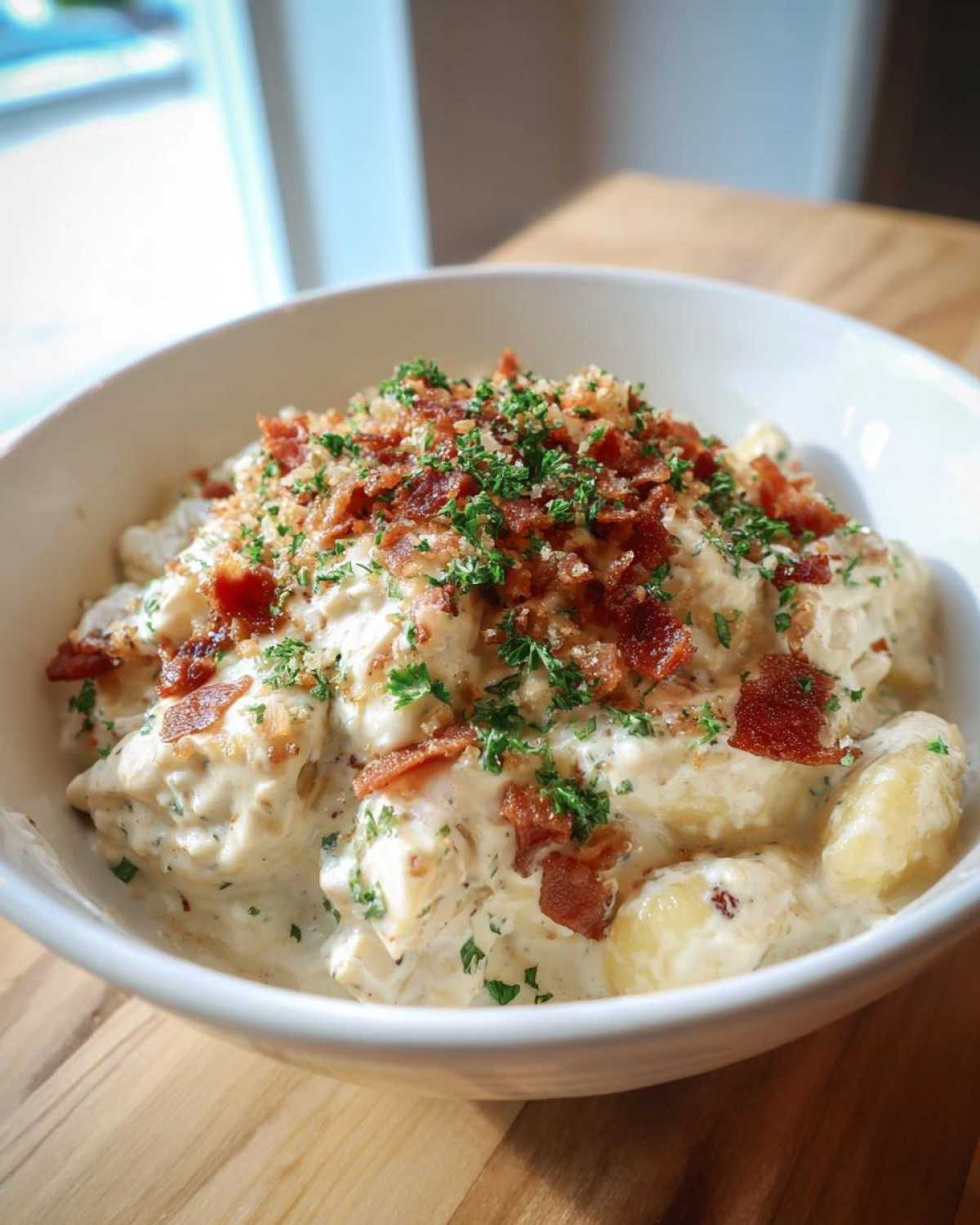A white bowl filled with creamy crack chicken gnocchi, topped generously with crispy bacon bits and fresh parsley.