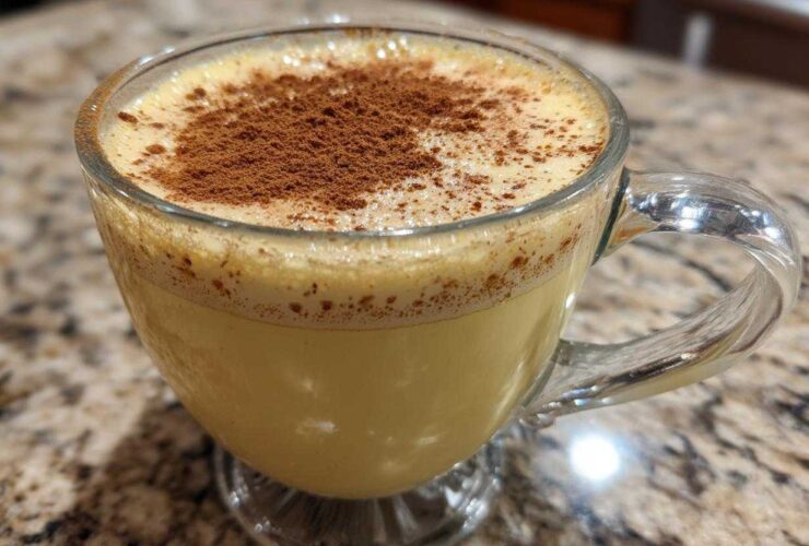Close-up of a glass mug filled with creamy, yellow eggnog, topped with a dusting of ground cinnamon.