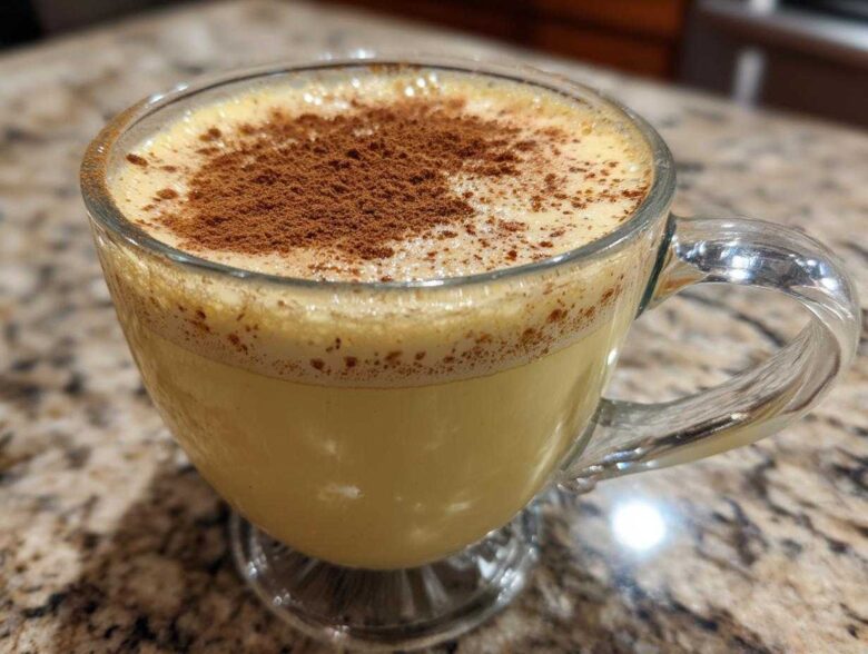 Close-up of a glass mug filled with creamy, yellow eggnog, topped with a dusting of ground cinnamon.