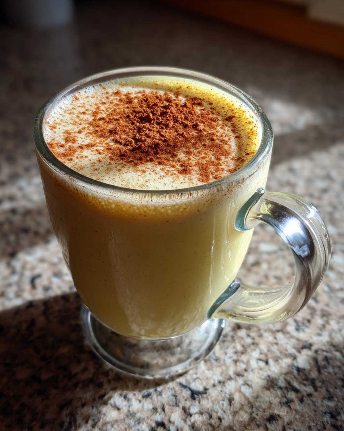 Close-up of a glass mug filled with creamy yellow eggnog, topped generously with ground cinnamon.