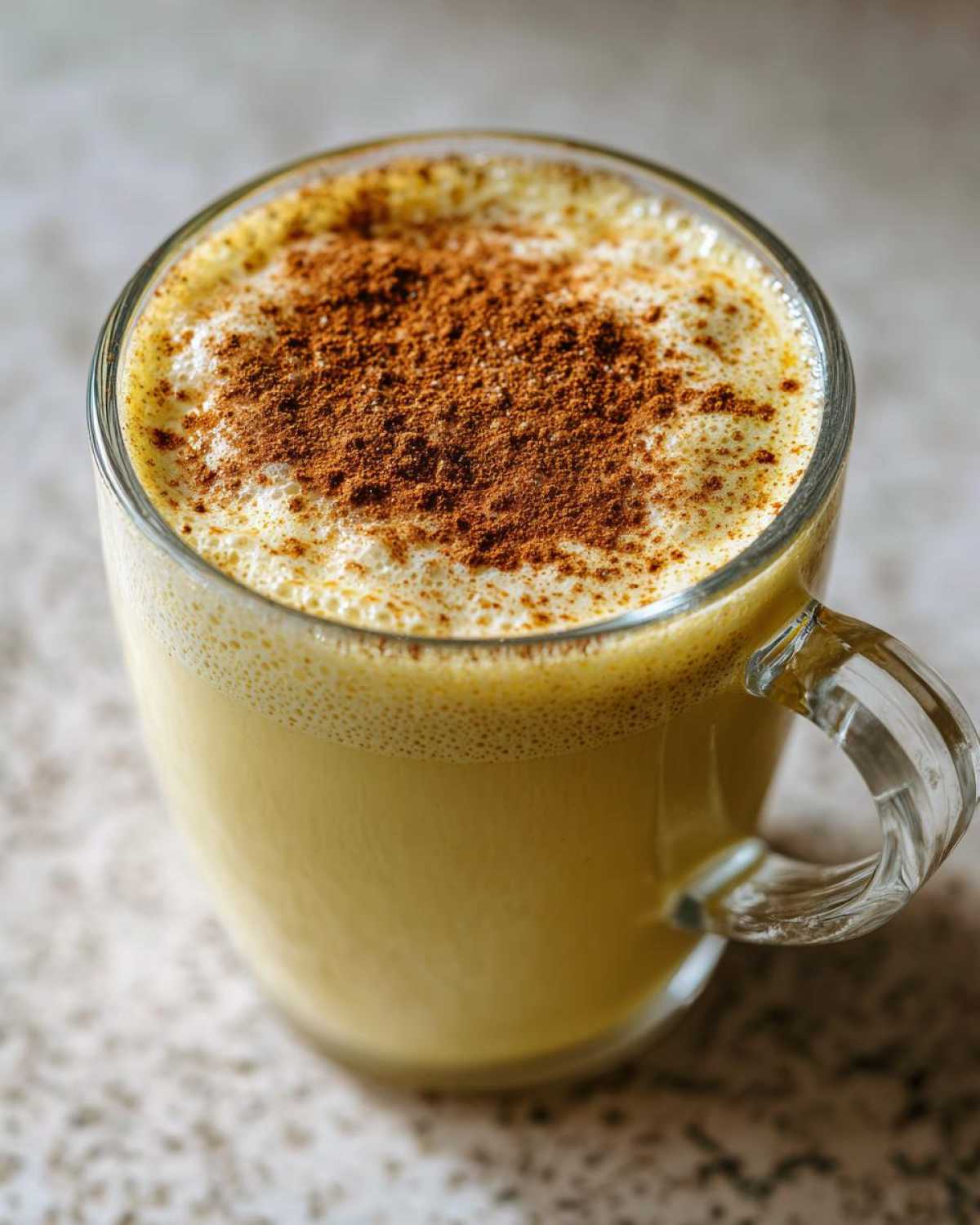 Close-up of a glass mug filled with creamy, yellow eggnog, topped with a generous dusting of cinnamon.