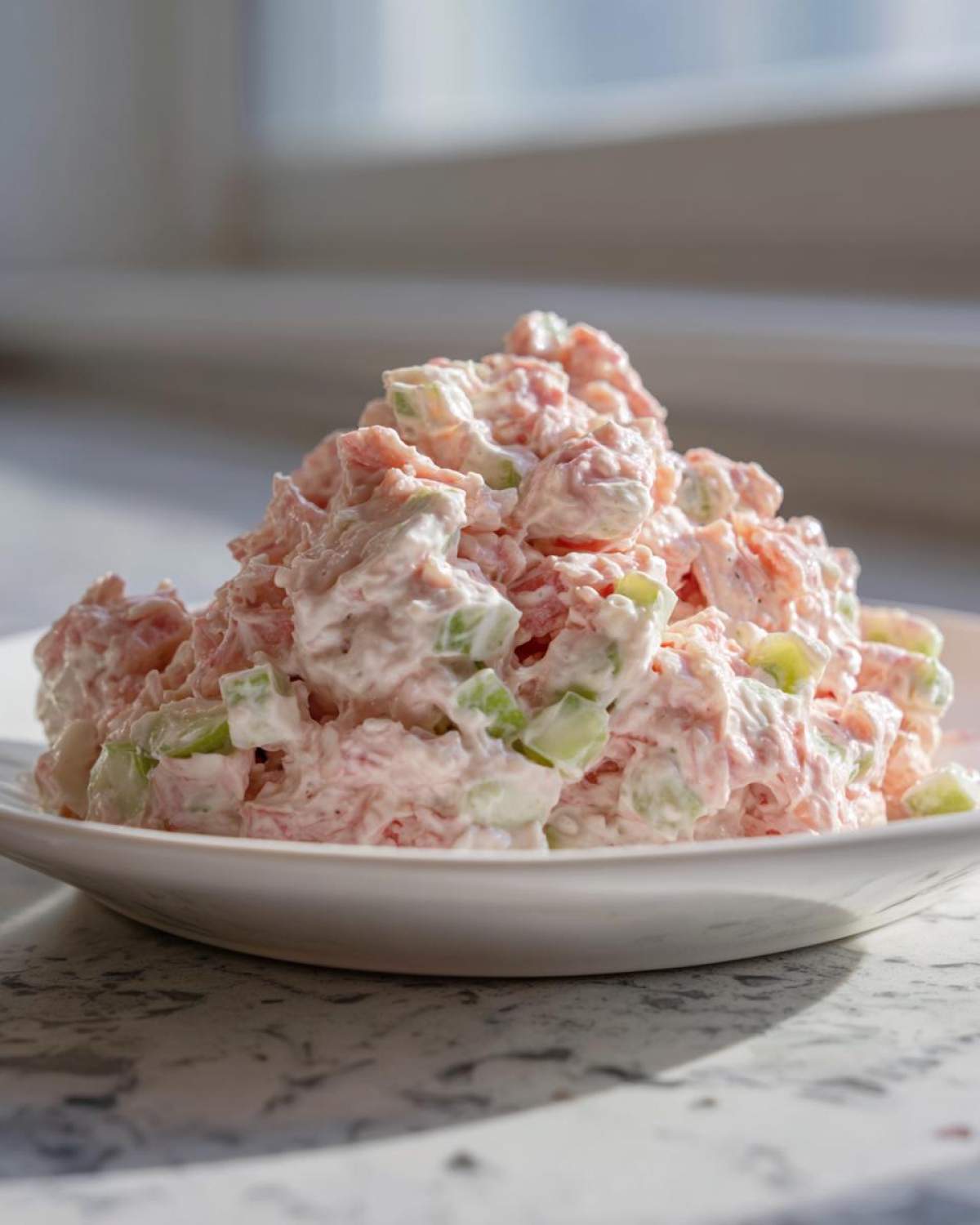 A mound of creamy ham salad recipe mixed with chopped green celery served on a white plate.