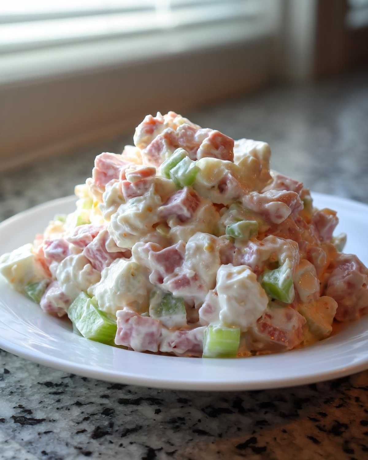A mound of creamy ham salad recipe featuring diced ham, celery, and a mayonnaise dressing on a white plate.