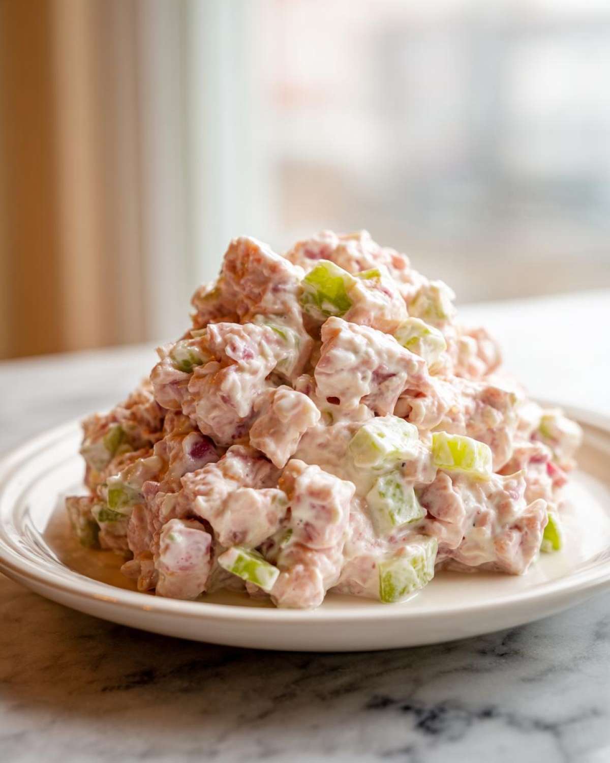 A mound of creamy ham salad recipe featuring diced pink ham and bright green celery on a white plate.