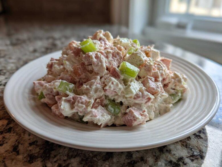 A generous scoop of creamy ham salad recipe mixed with diced celery, served on a white plate.