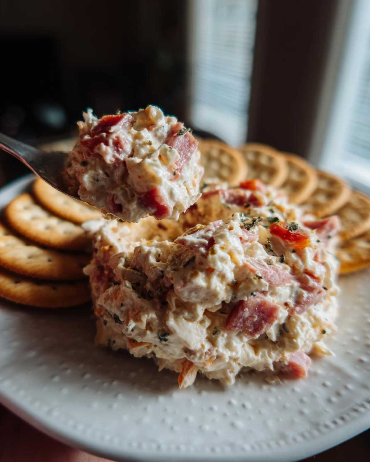 A spoonful of creamy hoagie dip, mixed with meat and cheese, being lifted above the main serving on a white plate surrounded by crackers.