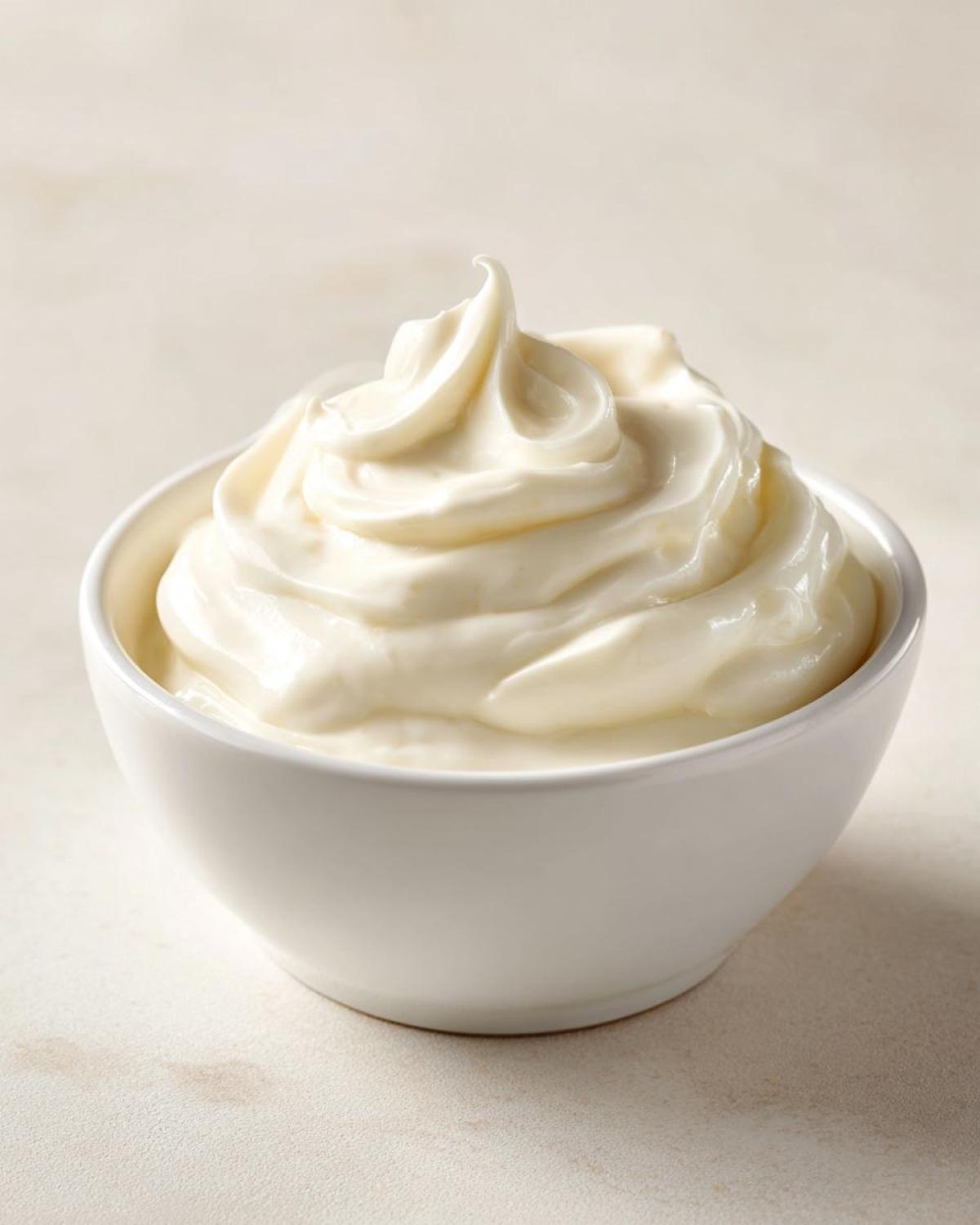 A perfectly swirled mound of creamy horseradish sauce served in a small white bowl.