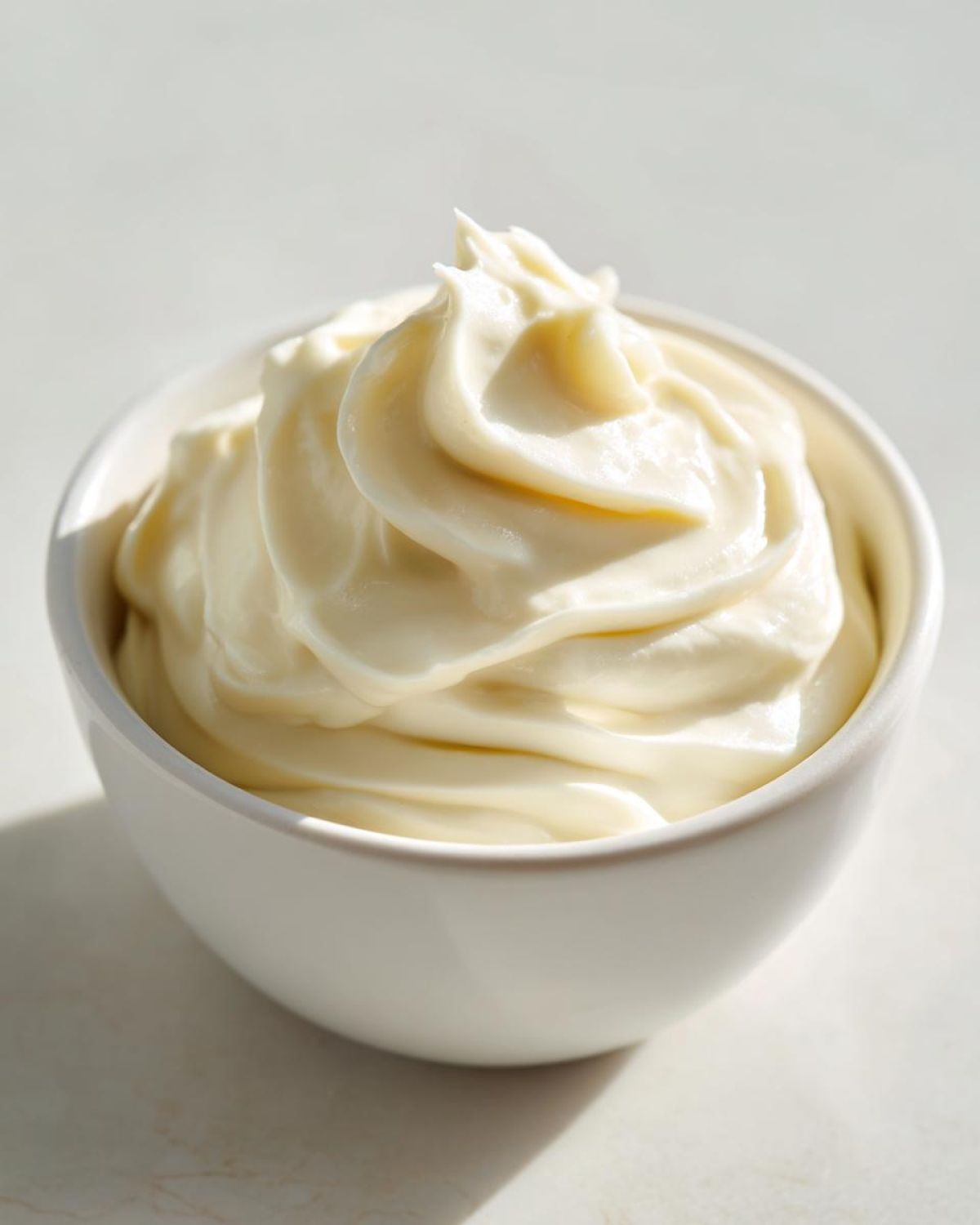 A close-up of freshly made, creamy horseradish sauce swirled beautifully in a small white bowl.