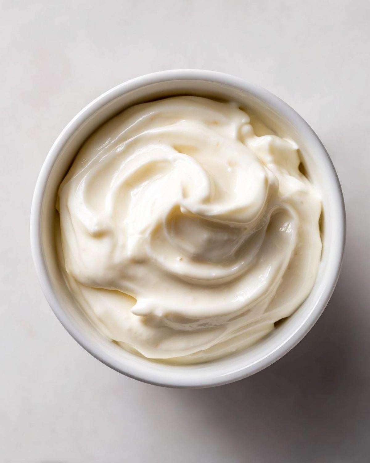 Overhead view of thick, creamy horseradish sauce swirled in a small white ramekin.