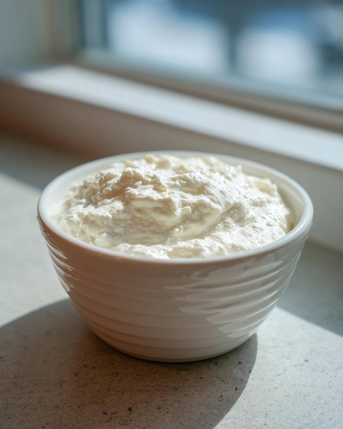A white bowl filled with thick, textured creamy horseradish sauce sitting near a sunlit window.