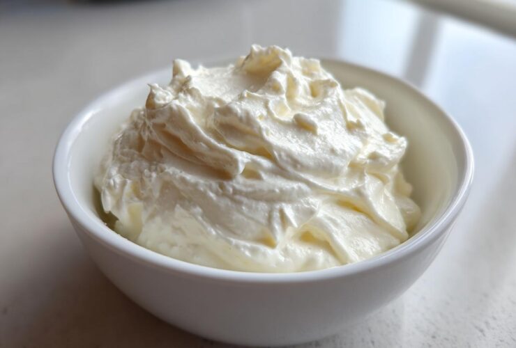 Close-up of thick, creamy horseradish sauce swirled high in a small white bowl.