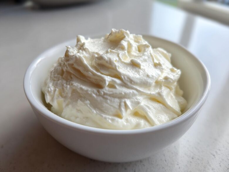 Close-up of thick, creamy horseradish sauce swirled high in a small white bowl.