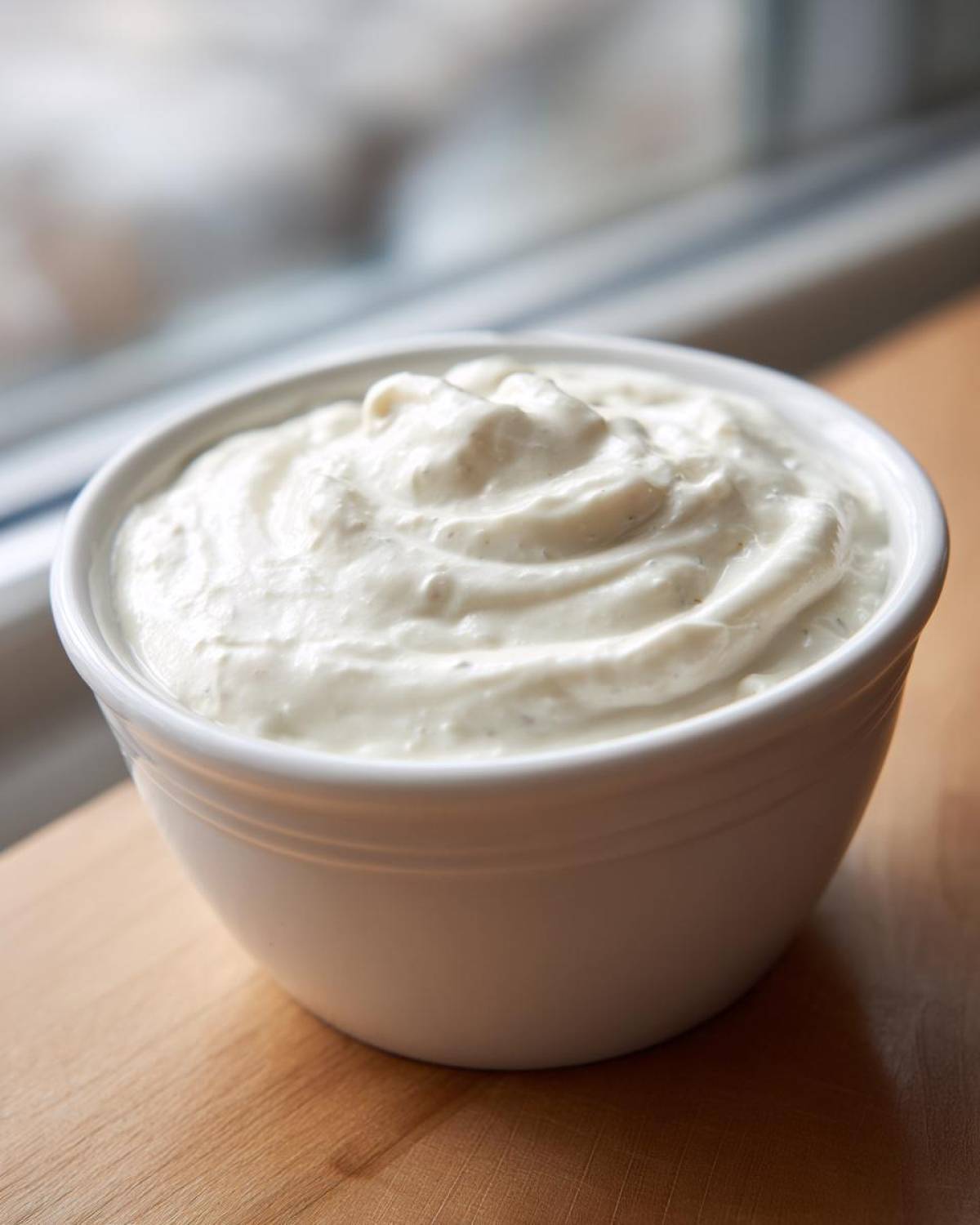 A close-up of thick, white creamy horseradish sauce swirled in a small white bowl on a wooden surface.