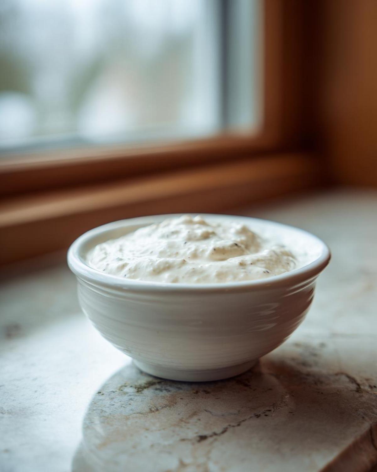 A small white bowl filled with thick, textured creamy horseradish sauce sitting on a marble countertop near a window.