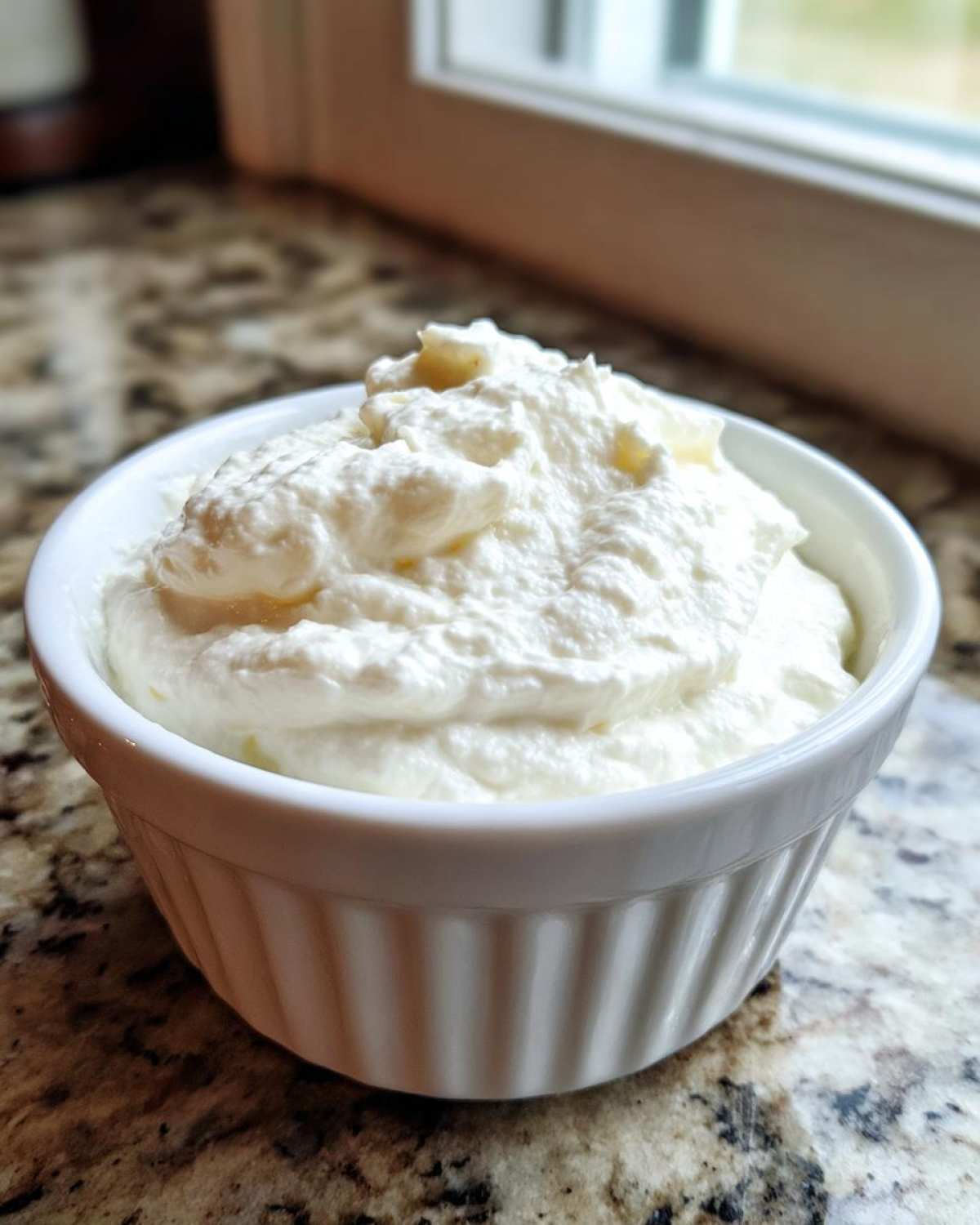 A close-up of thick, white creamy horseradish sauce mounded in a small white fluted ramekin.