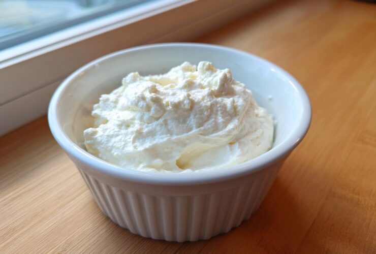 A white, fluted ramekin filled high with thick, white creamy horseradish sauce, sitting on a wooden surface near a window.