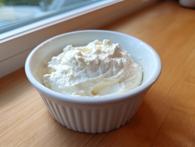 A white, fluted ramekin filled high with thick, white creamy horseradish sauce, sitting on a wooden surface near a window.