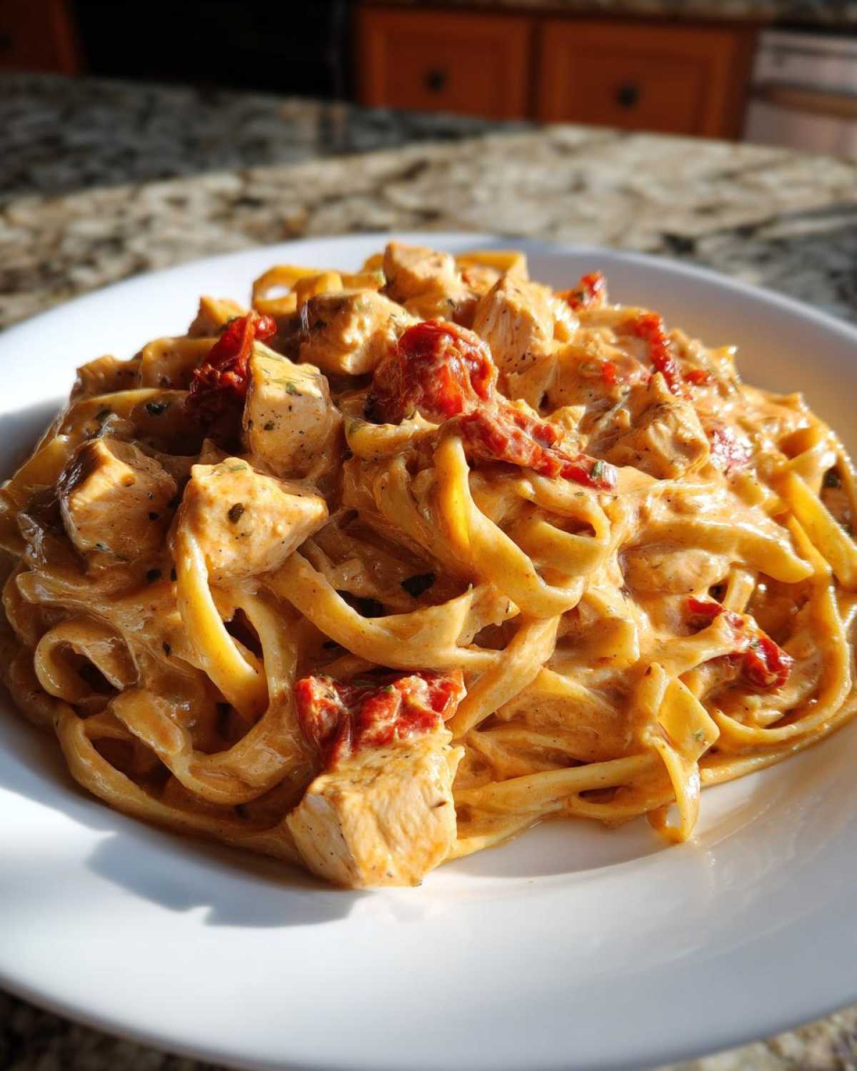 Close-up of a white plate filled with rich Marry Me Chicken Pasta featuring fettuccine, chicken chunks, and sun-dried tomatoes.