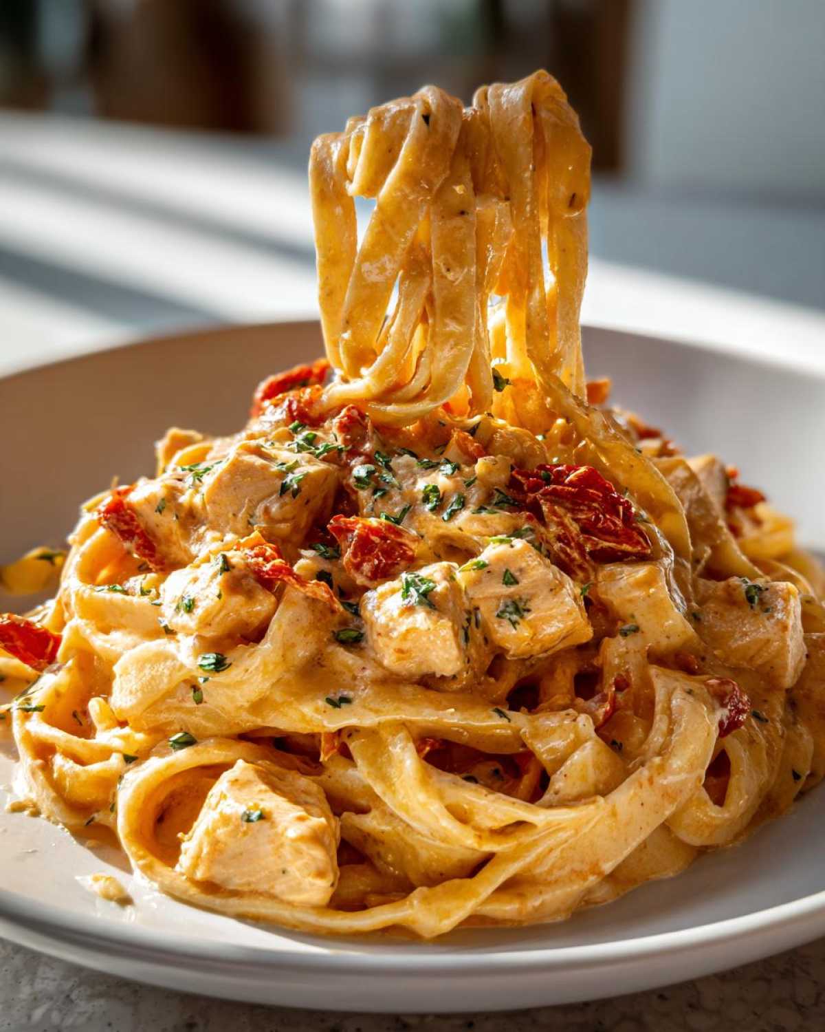 Close-up of creamy Marry Me Chicken Pasta with fettuccine noodles being lifted from a white bowl.