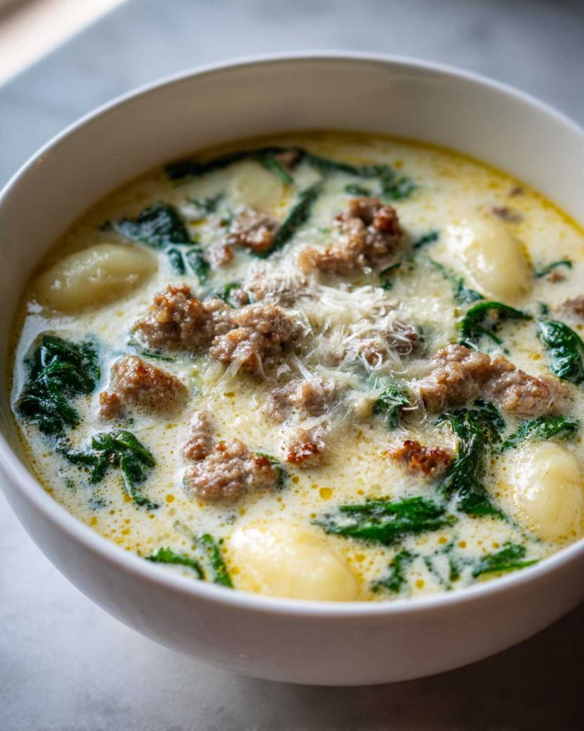 Close-up of a bowl of creamy sausage gnocchi soup with wilted spinach and grated Parmesan cheese.