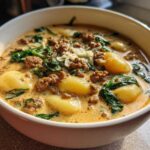 Close-up of a creamy bowl of sausage gnocchi soup, featuring tender gnocchi, crumbled sausage, and wilted spinach.