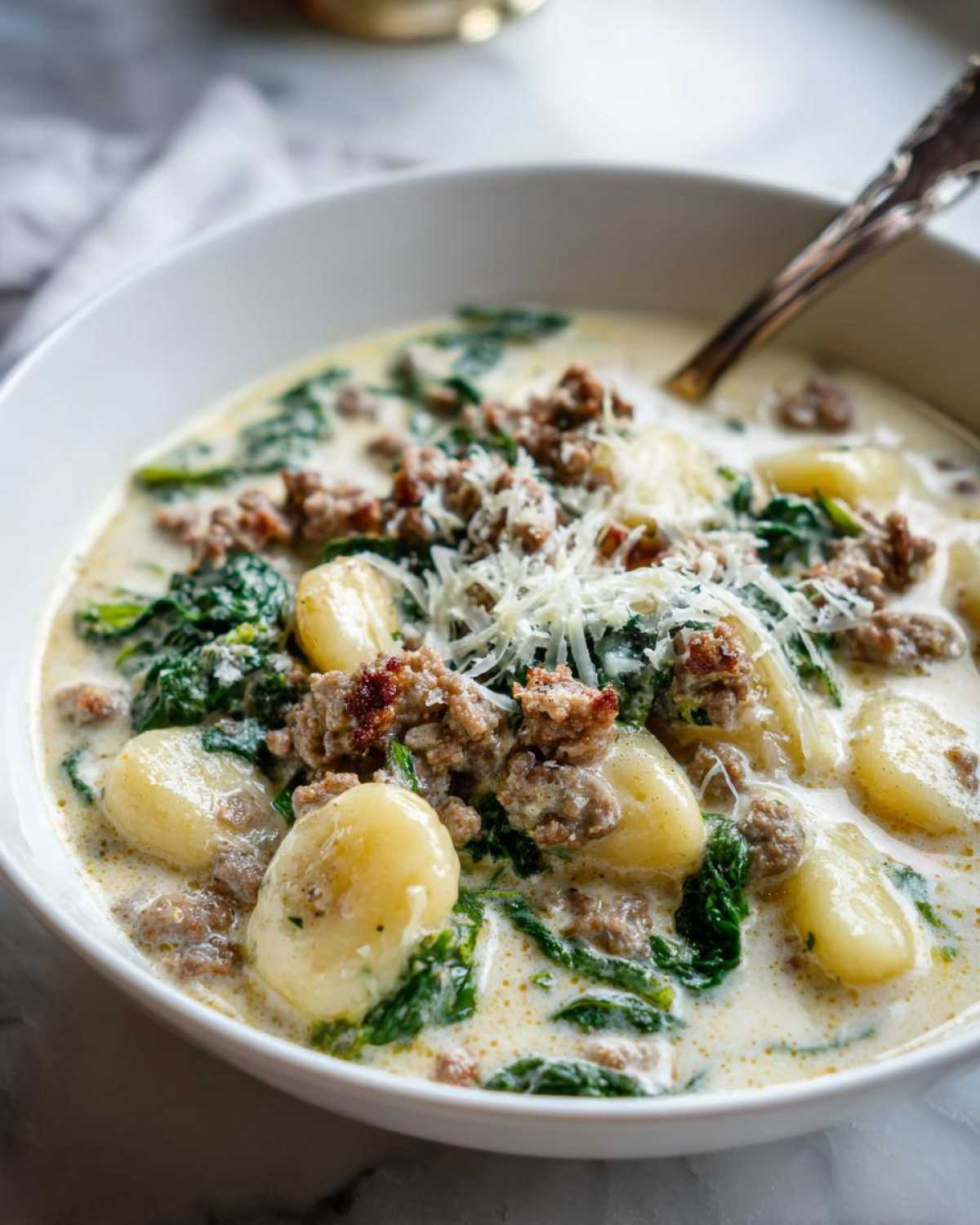 Close-up of a white bowl filled with creamy sausage gnocchi soup, featuring gnocchi, crumbled sausage, spinach, and grated cheese.