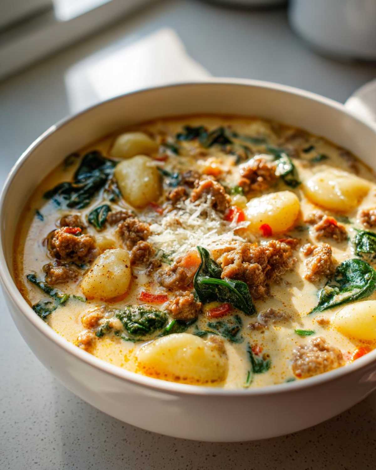 Close-up of a creamy bowl of sausage gnocchi soup, featuring tender gnocchi, crumbled sausage, and wilted spinach.