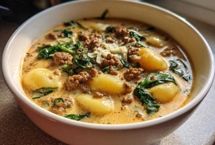 Close-up of a creamy bowl of sausage gnocchi soup, featuring tender gnocchi, crumbled sausage, and wilted spinach.
