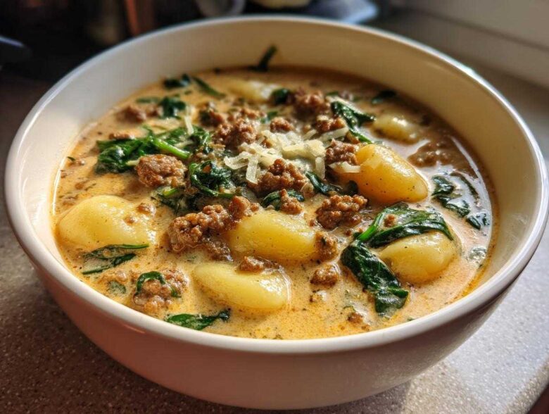 Close-up of a creamy bowl of sausage gnocchi soup, featuring tender gnocchi, crumbled sausage, and wilted spinach.