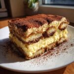 A close-up of a decadent slice of tiramisu recipe, showing layers of cream and coffee-soaked ladyfingers dusted with cocoa.