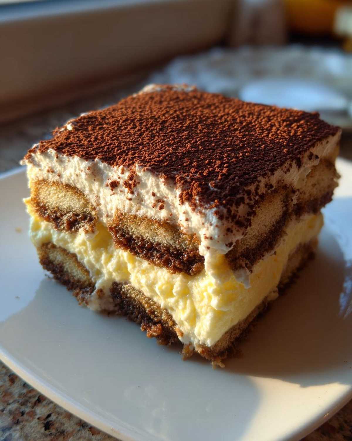 A square slice of creamy tiramisu recipe, layered with mascarpone cream and coffee-soaked ladyfingers, dusted with cocoa.