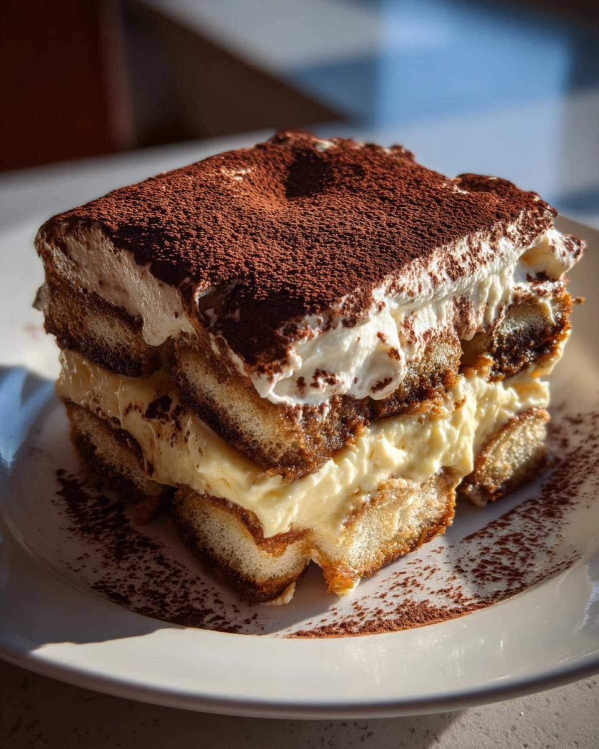 A decadent, layered slice of tiramisu recipe dessert dusted heavily with cocoa powder on a white plate.