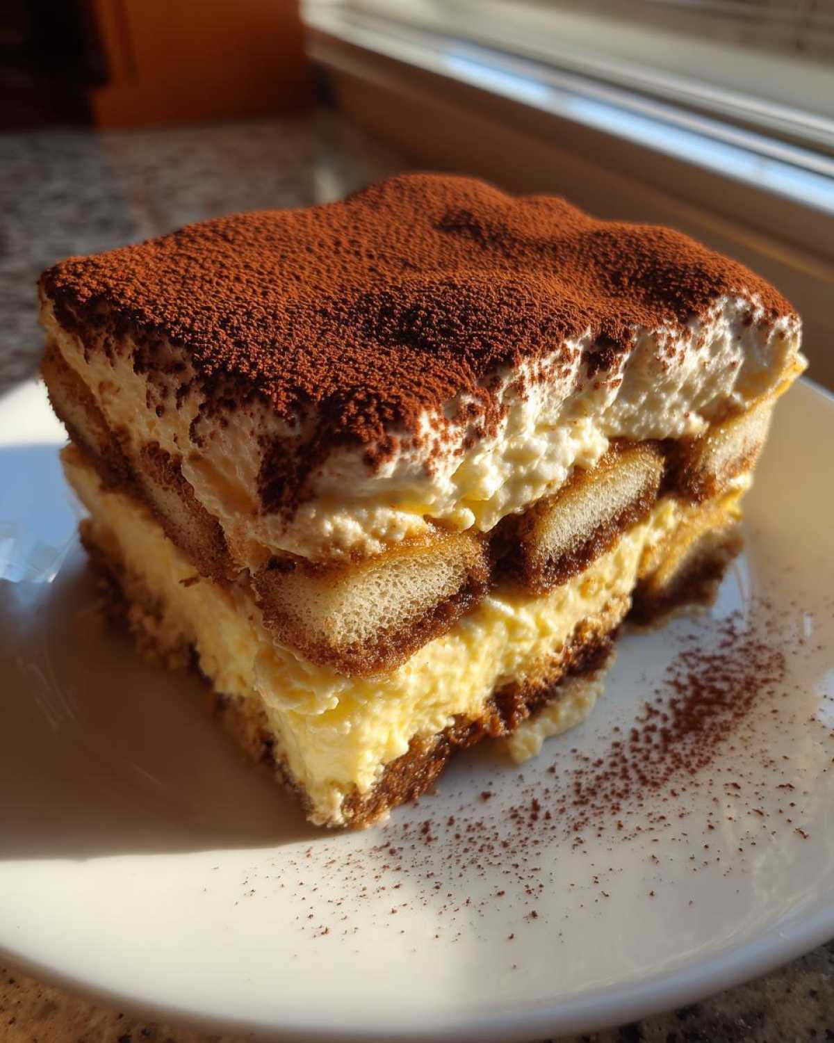 A square slice of creamy tiramisu recipe layered with mascarpone and ladyfingers, dusted heavily with cocoa powder.