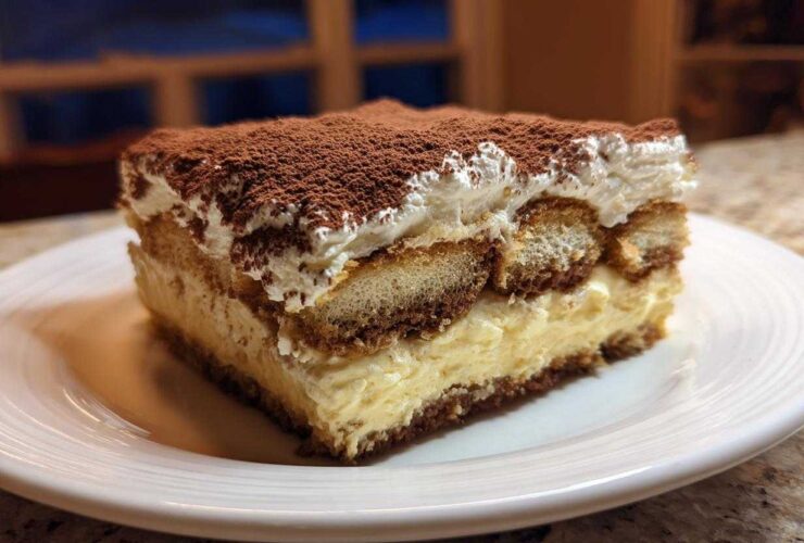 A decadent slice of homemade tiramisu recipe featuring layers of cream, soaked ladyfingers, and dusted with cocoa powder.