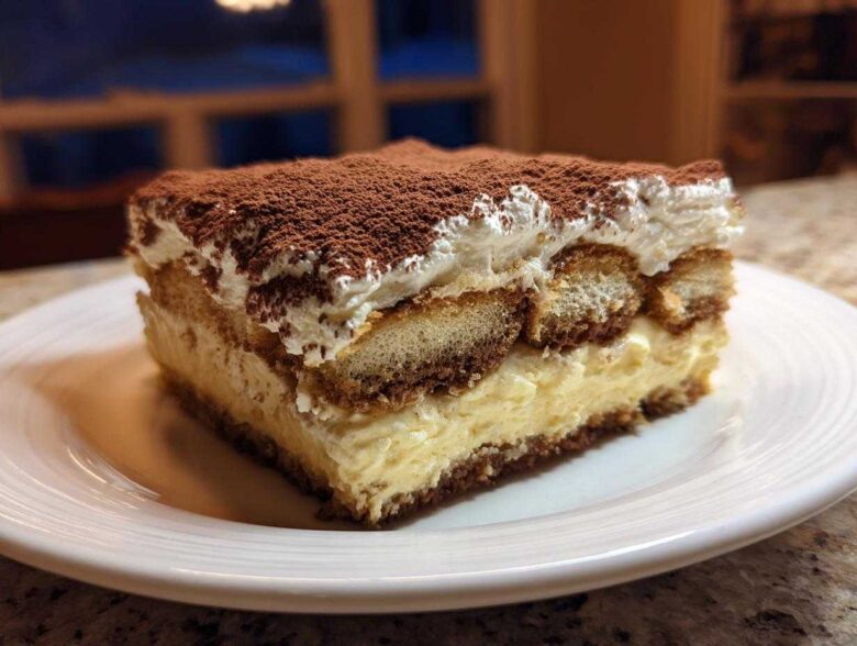 A decadent slice of homemade tiramisu recipe featuring layers of cream, soaked ladyfingers, and dusted with cocoa powder.