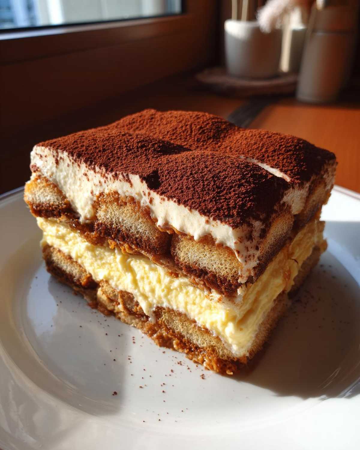 A perfect slice of creamy tiramisu recipe layered with ladyfingers and dusted heavily with cocoa powder.