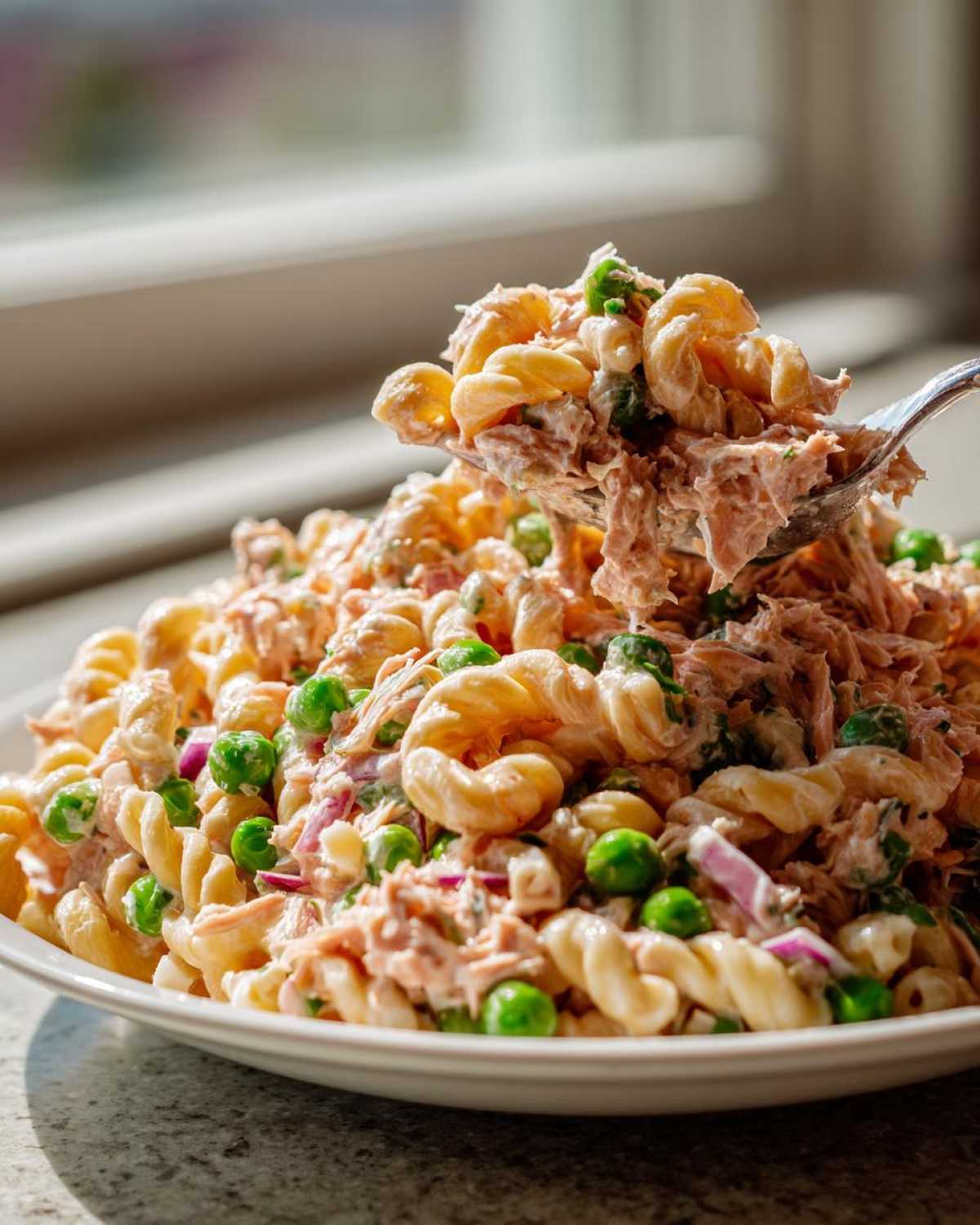 A spoonful of creamy tuna pasta salad with fusilli, peas, and red onion being lifted from a white bowl.