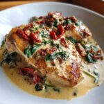 Close-up of two pan-seared chicken breasts smothered in a rich, creamy Tuscan chicken sauce with spinach and sun-dried tomatoes.