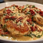 Three seared chicken breasts smothered in a rich, creamy Tuscan sauce with spinach and sun-dried tomatoes, featuring the creamy tuscan chicken.