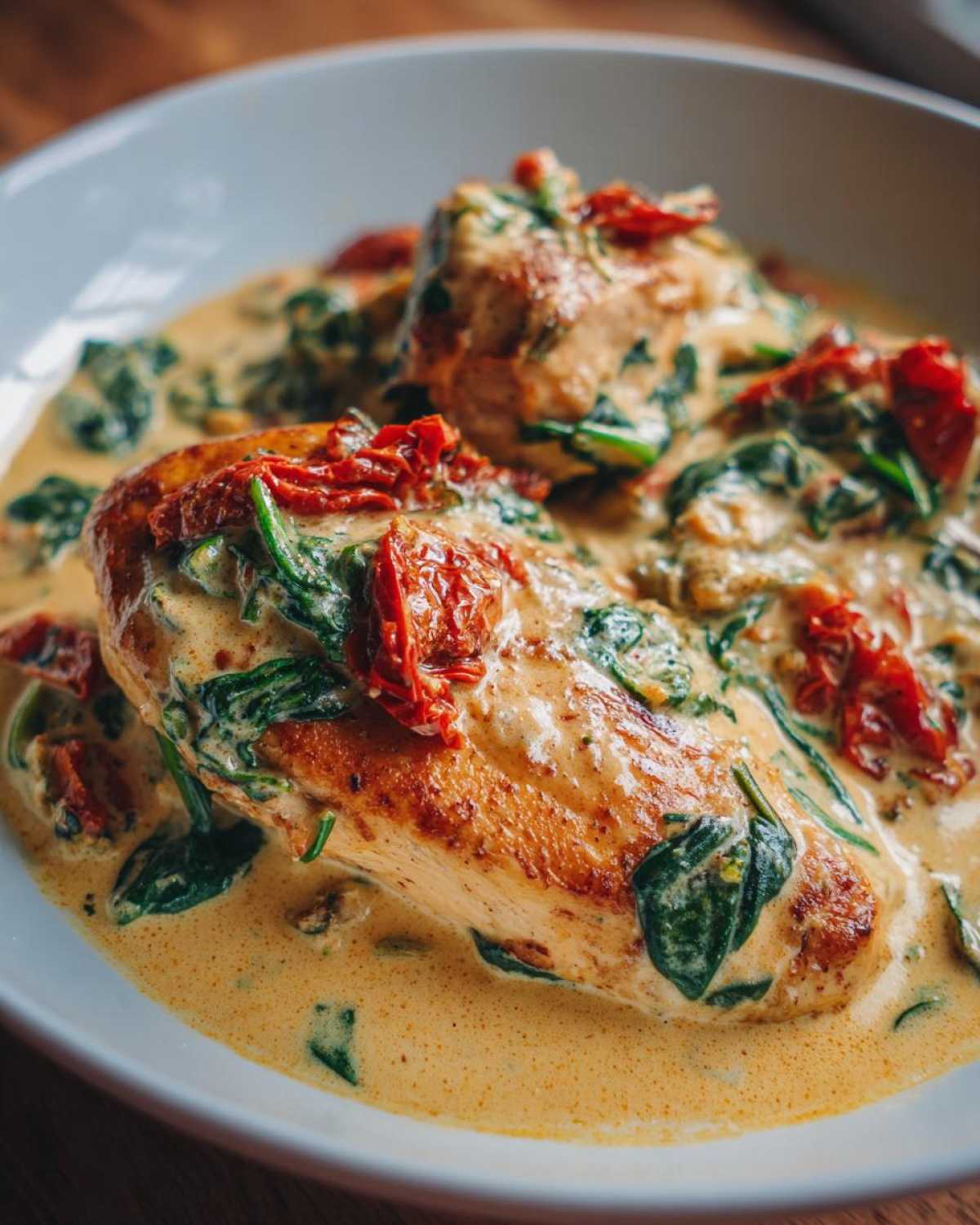 Two seared chicken breasts smothered in a rich, creamy Tuscan sauce with spinach and sun-dried tomatoes, ready to eat.