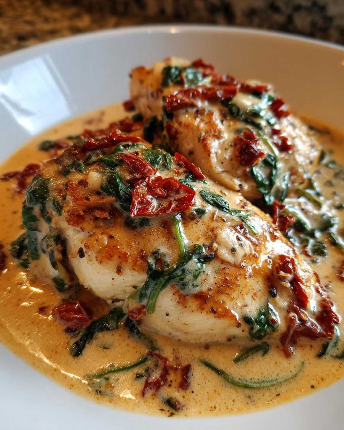 Two perfectly cooked chicken breasts smothered in a rich, creamy Tuscan sauce with spinach and sun-dried tomatoes.