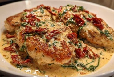 Three seared chicken breasts smothered in a rich, creamy Tuscan sauce with spinach and sun-dried tomatoes, featuring the creamy tuscan chicken.