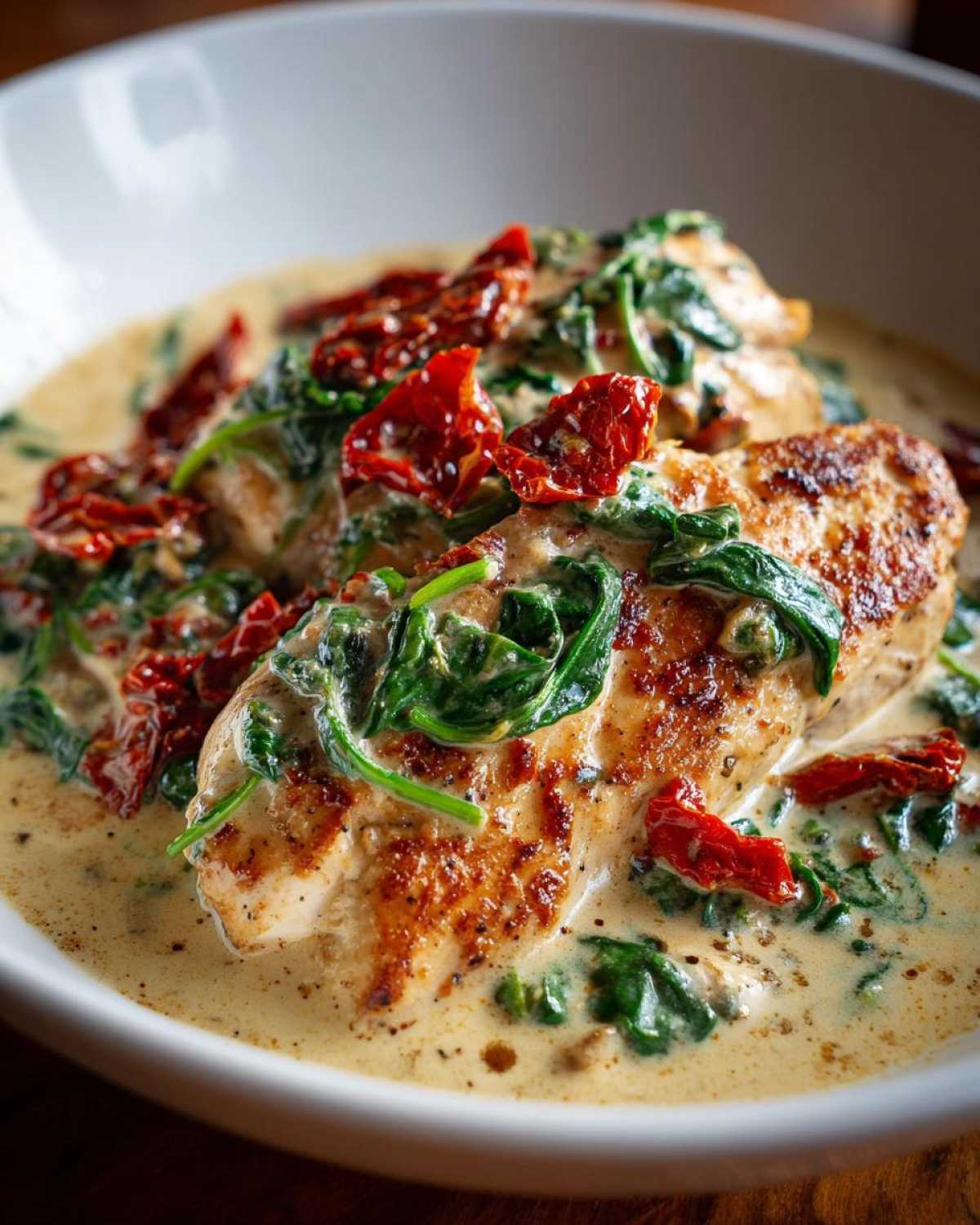 Two seared chicken breasts smothered in a rich, creamy sauce with spinach and sun-dried tomatoes, classic creamy Tuscan chicken.