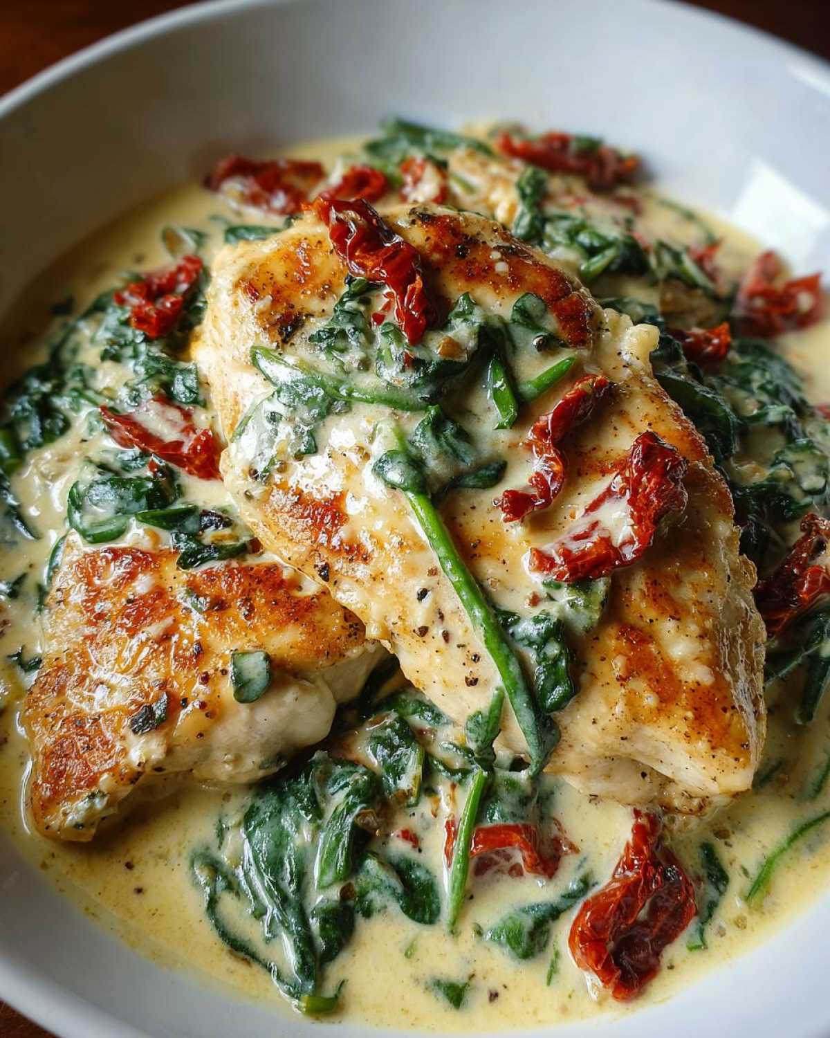 Two golden-brown chicken breasts smothered in a rich, creamy sauce with spinach and sun-dried tomatoes, perfect for creamy tuscan chicken.