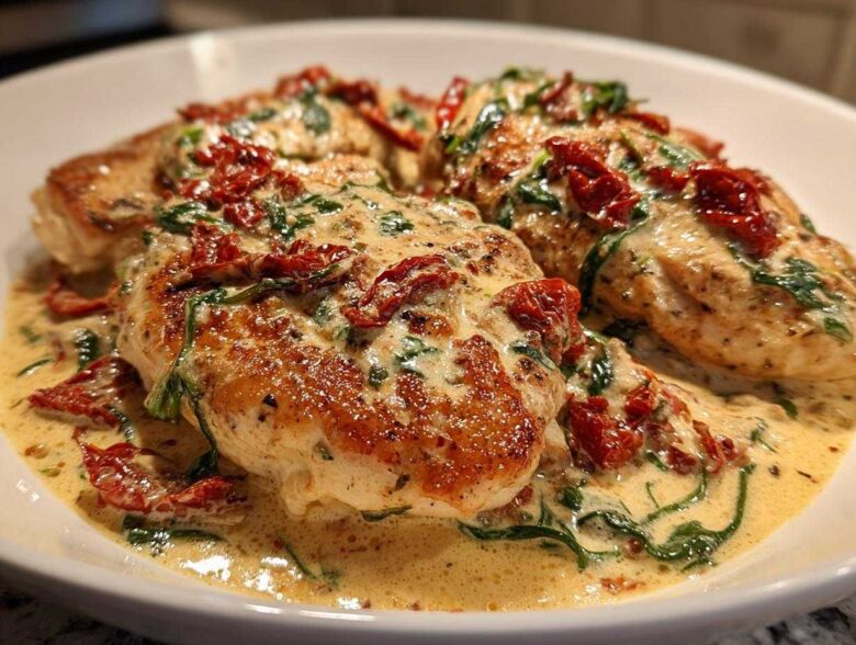 Three seared chicken breasts smothered in a rich, creamy Tuscan sauce with spinach and sun-dried tomatoes, featuring the creamy tuscan chicken.
