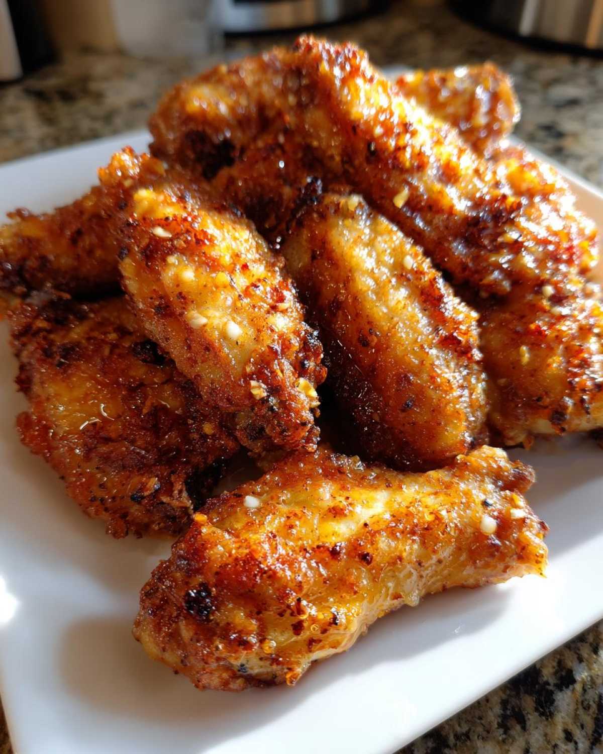 Close-up of golden brown, seasoned, and crispy air fryer chicken wings piled on a white plate.