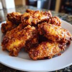 A close-up shot of a pile of golden brown, very crispy air fryer chicken wings on a white plate.