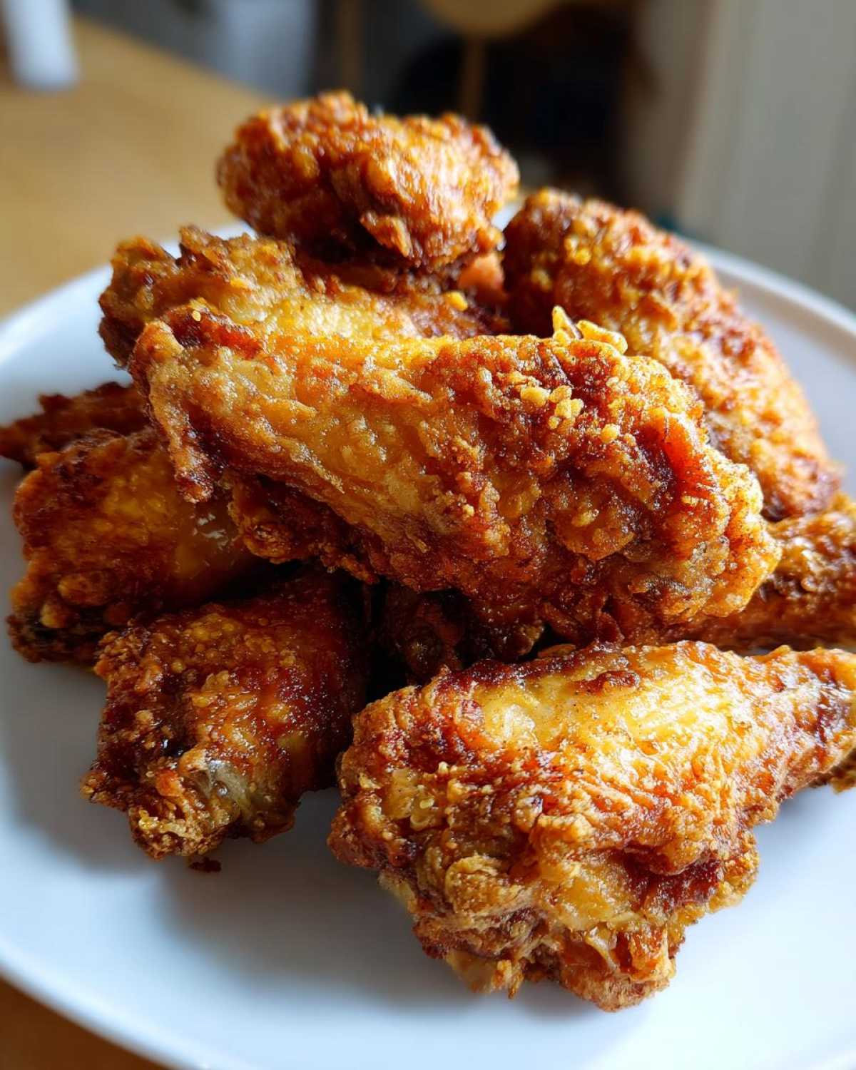 Close-up of a pile of golden brown, crispy air fryer chicken wings stacked on a white plate.